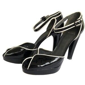 Stuart Weitzman Black White Peep Toe Platform Patent Stiletto Sandals Heels 7.5